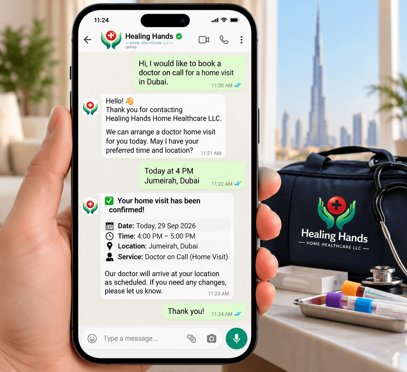 WhatsApp-style conversation showing a healthcare provider confirming a home visit booking in Dubai, with the appointment details clearly displayed.