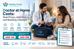Doctor at home in Dubai providing a medical consultation to a patient, with Healing Hands branding, home visit pricing, popular add-on services, and a booking checklist