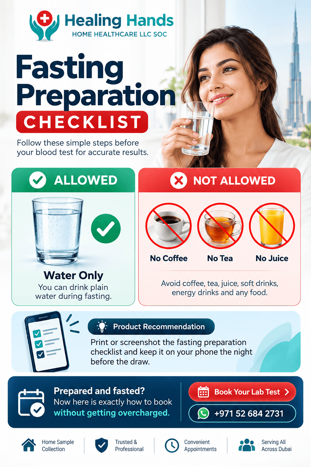 Fasting preparation checklist for blood test in Dubai – water only, no coffee, tea or juice | Healing Hands Home Healthcare.