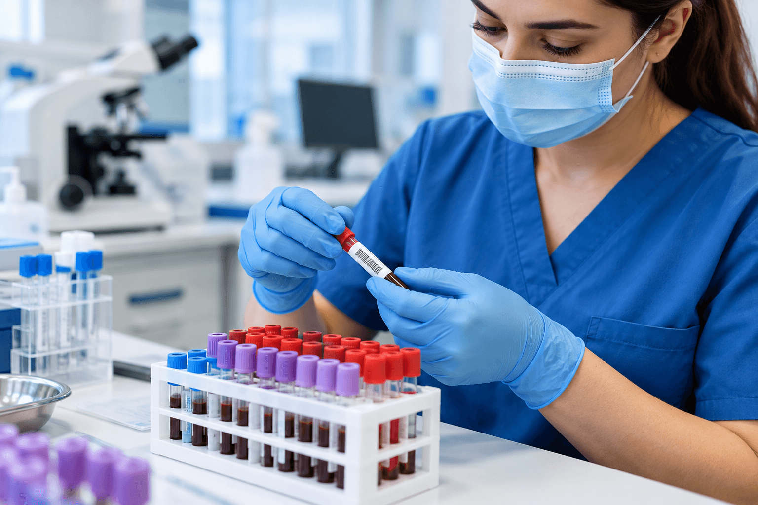 Nurse labeling blood sample tubes in a modern laboratory for a full-body health checkup in Dubai.