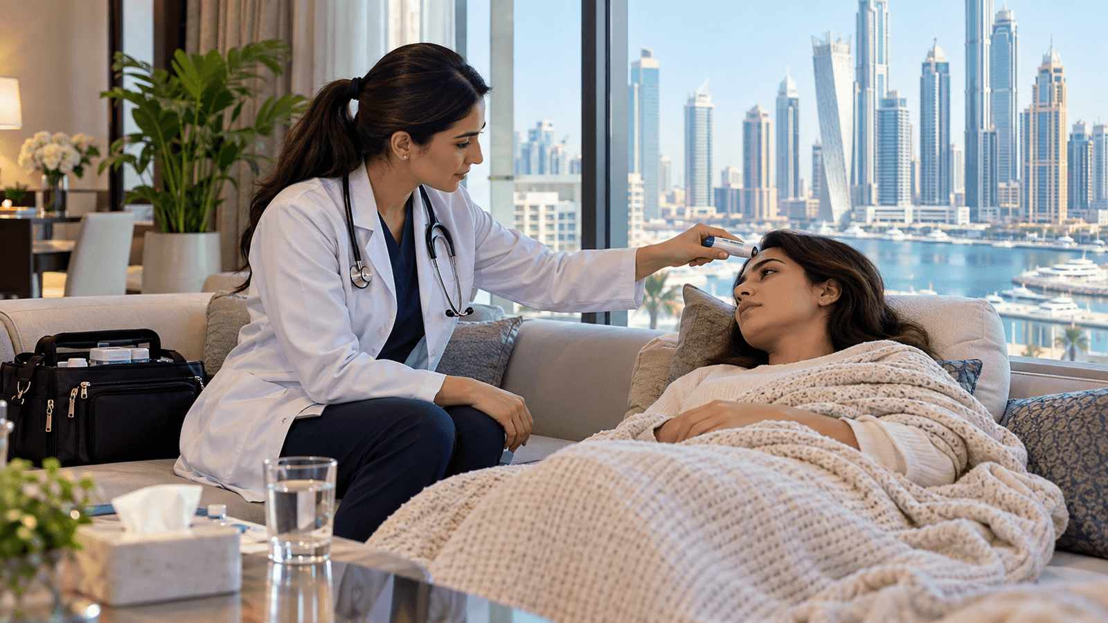 DHA-licensed doctor checking an adult patient’s temperature during a home visit in a modern Dubai apartment with the Dubai Marina skyline in the background.