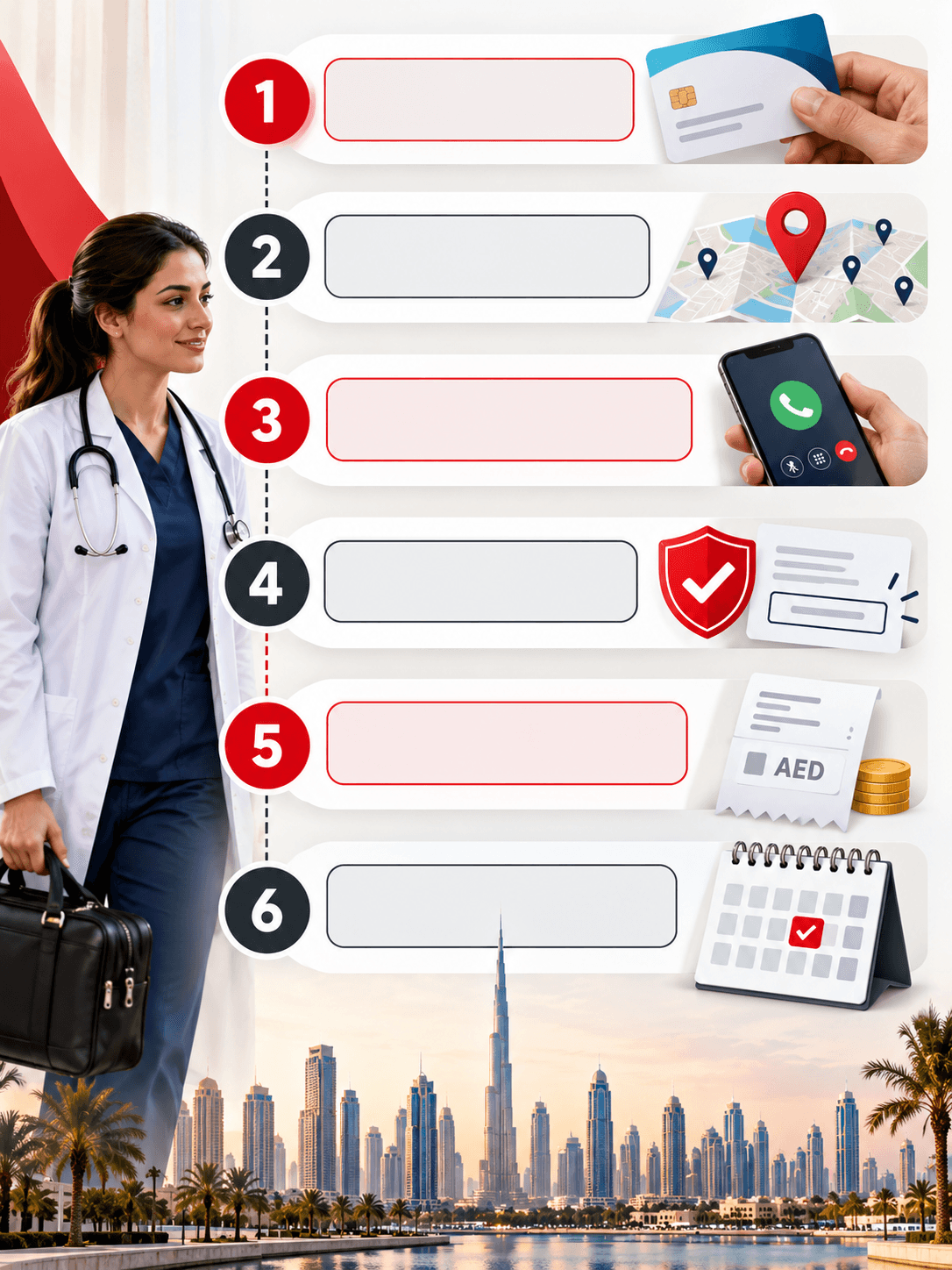 Six-step infographic showing how to verify health insurance coverage for a home doctor visit in Dubai, including insurance details, provider network, phone confirmation, approval reference, payment receipt, and booking confirmation.