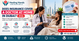 Healing Hands infographic explaining whether health insurance covers a doctor at home in Dubai in 2026, showing covered services, prior approval guidance, insurance support, and home doctor booking.