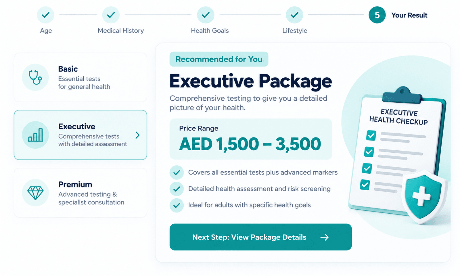 Health checkup tier matcher showing a recommended Executive Package with a price range of AED 1,500–3,500 and key benefits.