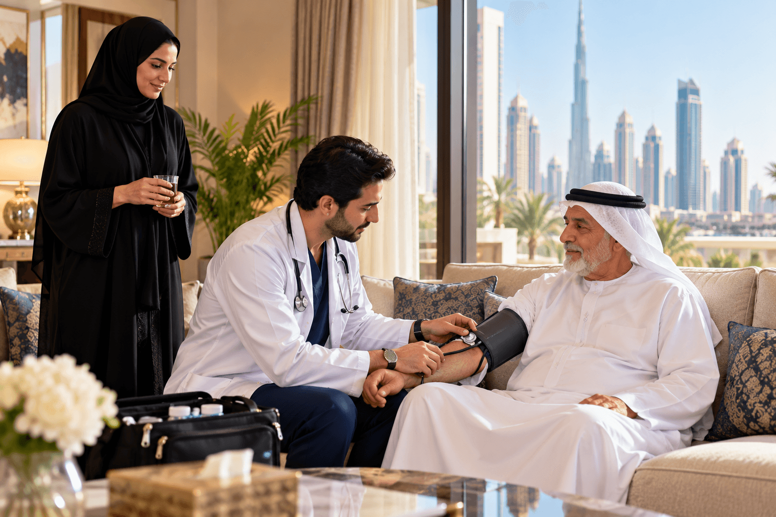 Elderly Emirati man having his blood pressure checked by a doctor during a home visit in a Dubai living room, with a family member nearby.