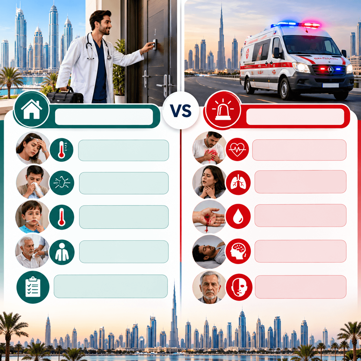 Side-by-side infographic comparing when to book a home doctor in Dubai for routine care and when to call 998 for medical emergencies, with doctor, ambulance, symptom icons, and Dubai skyline.