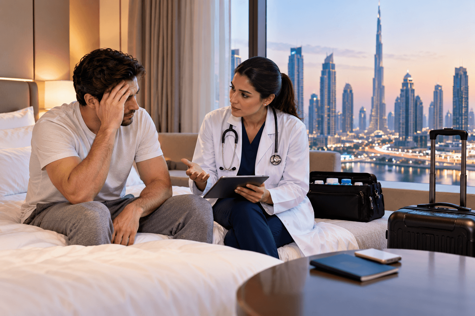 Doctor visiting a tired traveller in a Dubai hotel room for a non-emergency medical consultation, with luggage and a city skyline visible through the window.