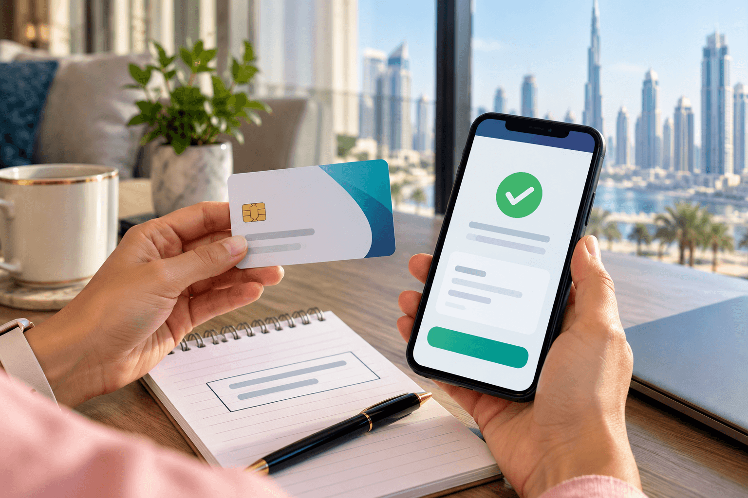 Person holding a generic health insurance card and smartphone showing an approval checkmark before booking a home doctor in Dubai.